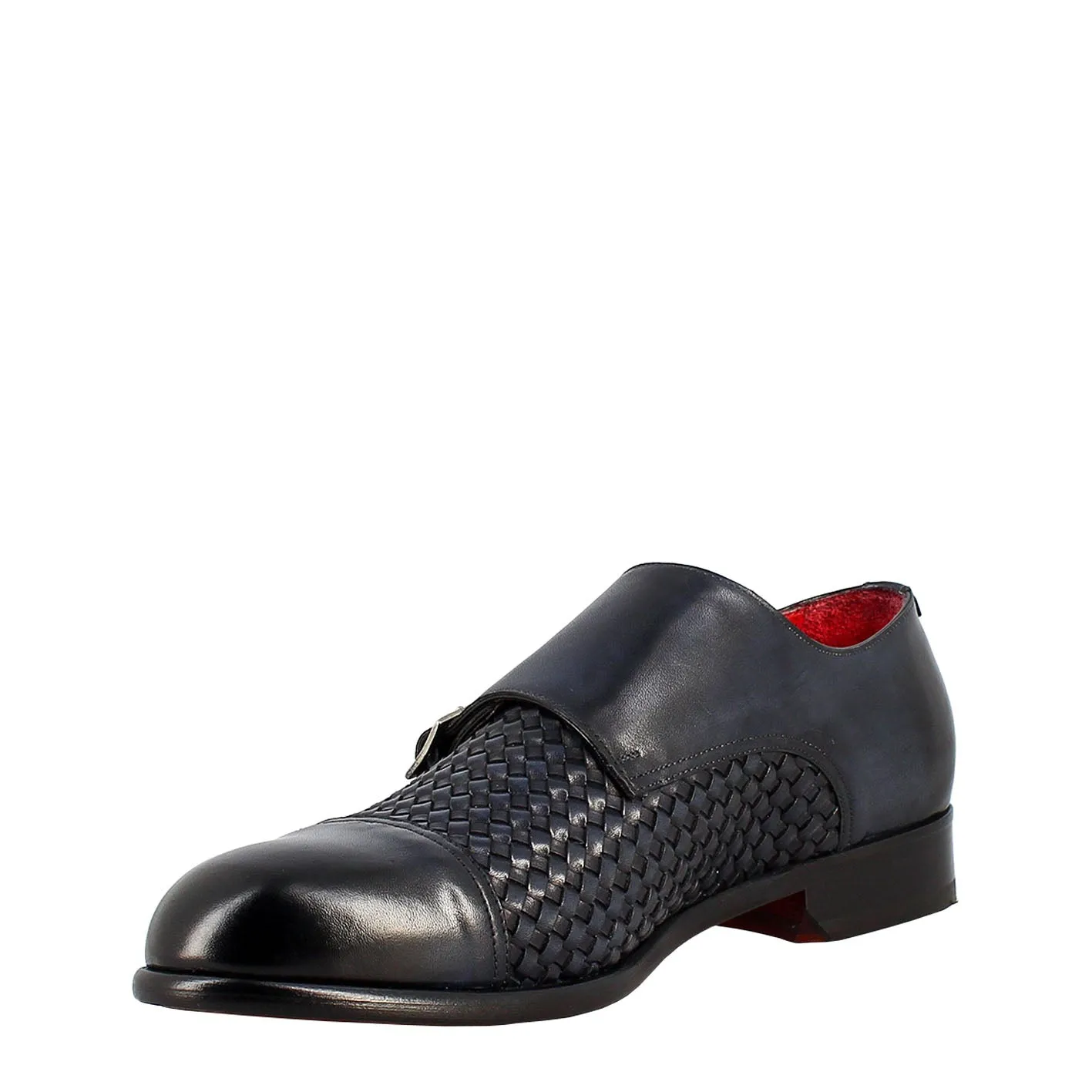 Scarpa doppia fibbia da uomo in pelle intrecciata blu