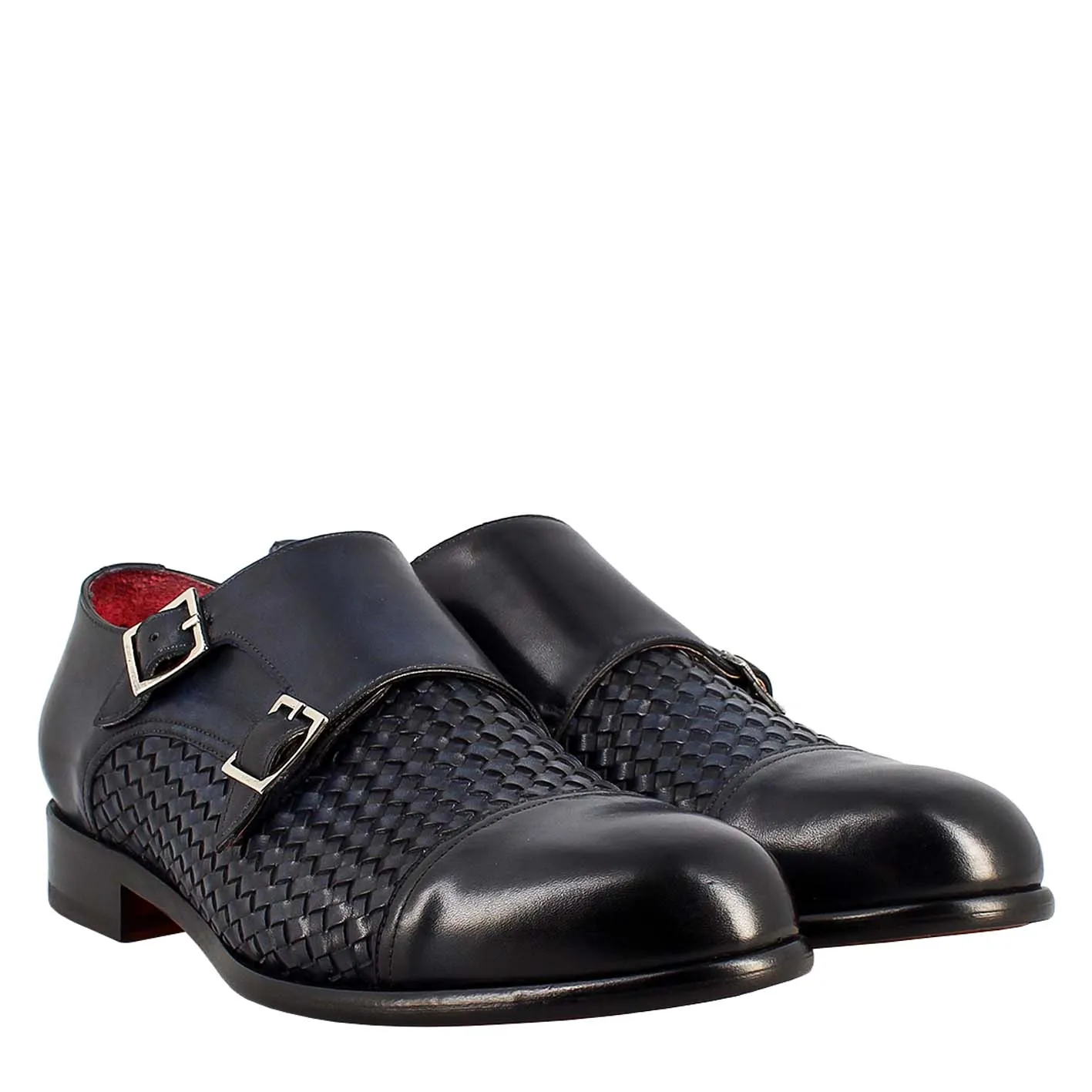 Scarpa doppia fibbia da uomo in pelle intrecciata blu